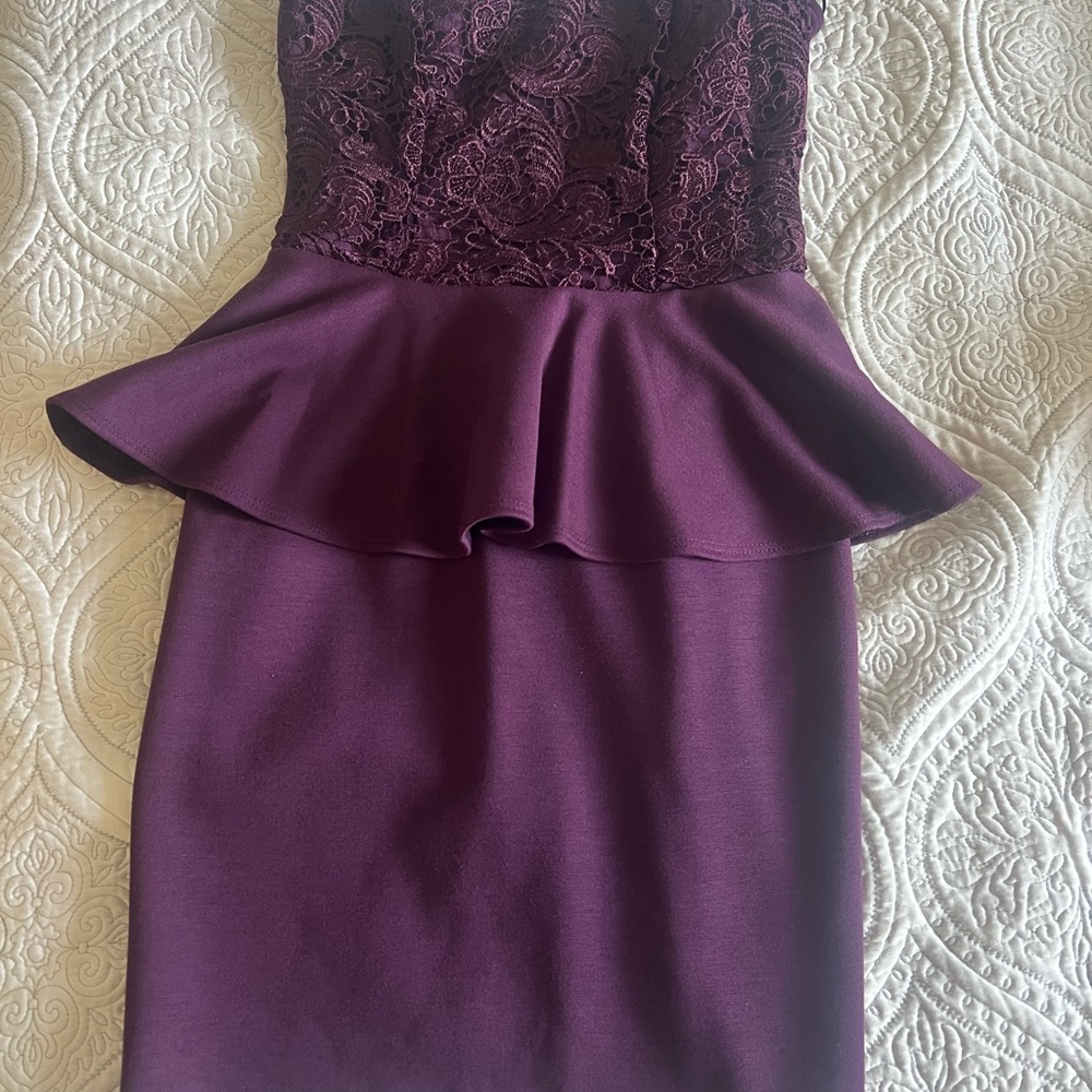 Aqua Strapless Purple Lace Peplum Dress
